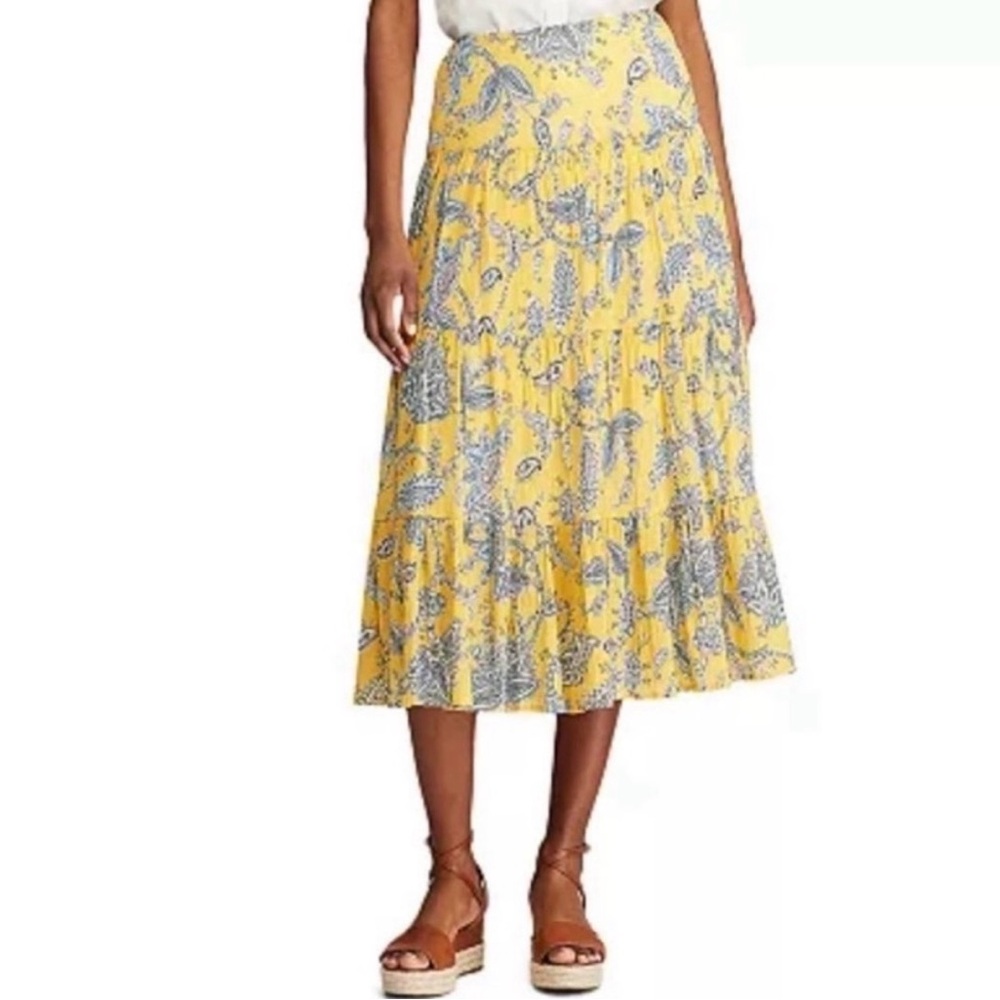 Chaps Yellow Paisley Tiered Skirt Cottagecore Peasant Large Boho Pull On Cotton